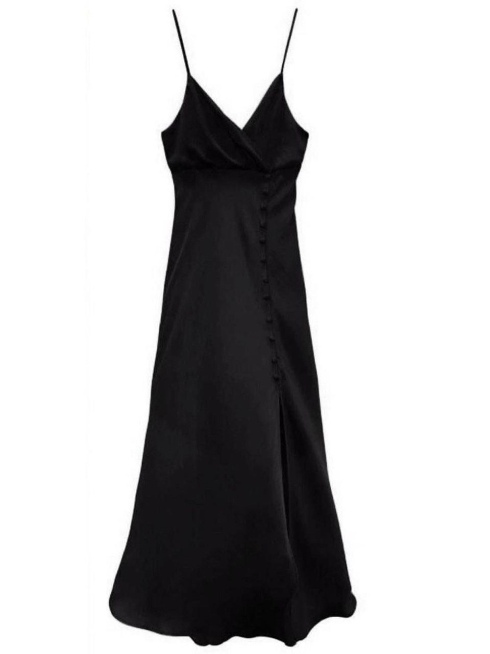 Zara Black Satin Slip Midi Dress Button Detail Side Slit Size L Chic - Picture 4 of 4